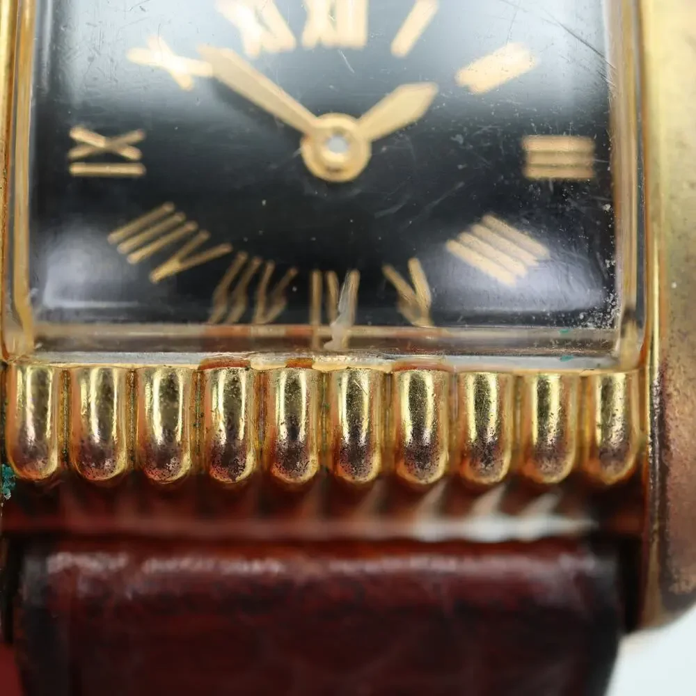 Vintage Fossil Dual Time 25mm Tank Watch Gold Tone Curved Black Dial New Battery